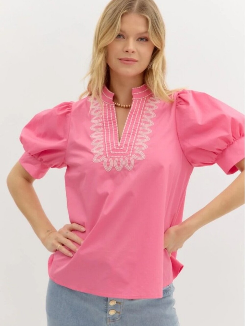 Entro Embroidered Puff Sleeve Pink Top Size M